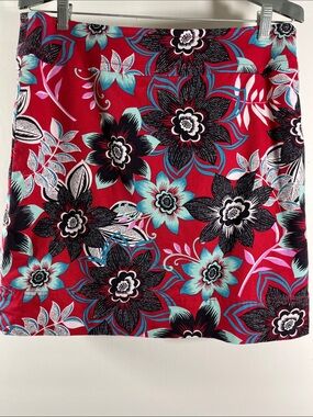 Talbots Bright Red Floral Print Skirt with Turquoise Accents Size 10